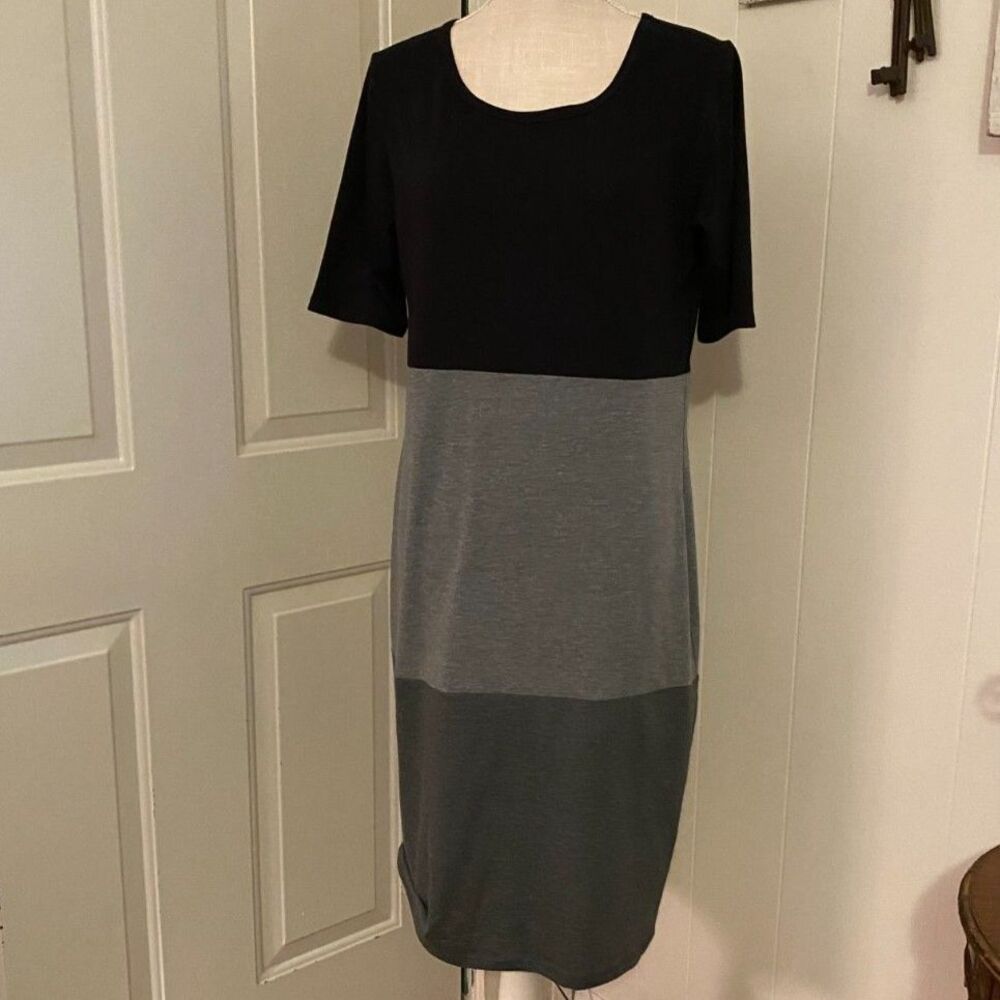 Lula Roe Julia Black & Gray Short Sleeve Pencil Dress Size L